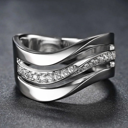 Fashion Contracted Office Lady Finger Rings Silver Color Wave Shape Shine CZ Stone Simple Daily Wear Party Women Jewelry