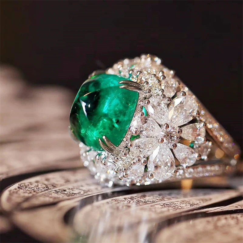 Green Rings for Women Wedding Engagement Accessories Aesthetic Flower Design Unique Female Ring Fashion Jewelry - EUFASHIONBAGS