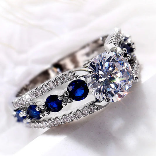 Special-interest Wedding Rings Women Blue/White Round CZ Novel Designed Female Party Ring Temperament Gift Trendy Jewelry - EUFASHIONBAGS