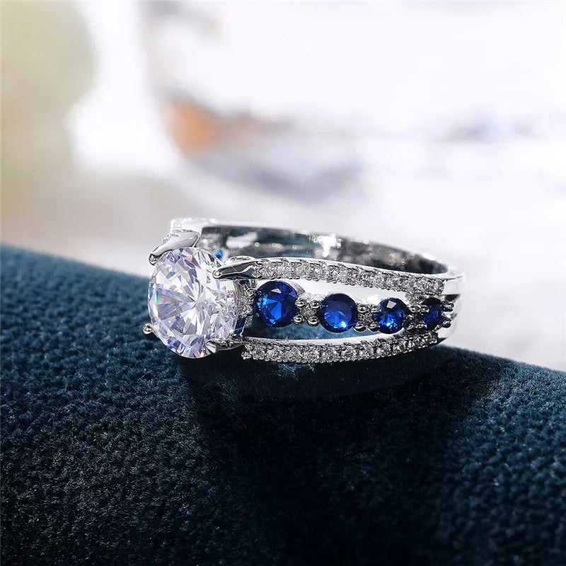 Special-interest Wedding Rings Women Blue/White Round CZ Novel Designed Female Party Ring Temperament Gift Trendy Jewelry - EUFASHIONBAGS