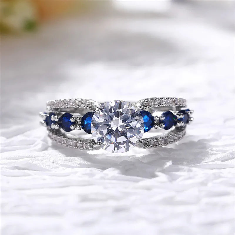 Special-interest Wedding Rings Women Blue/White Round CZ Novel Designed Female Party Ring Temperament Gift Trendy Jewelry - EUFASHIONBAGS