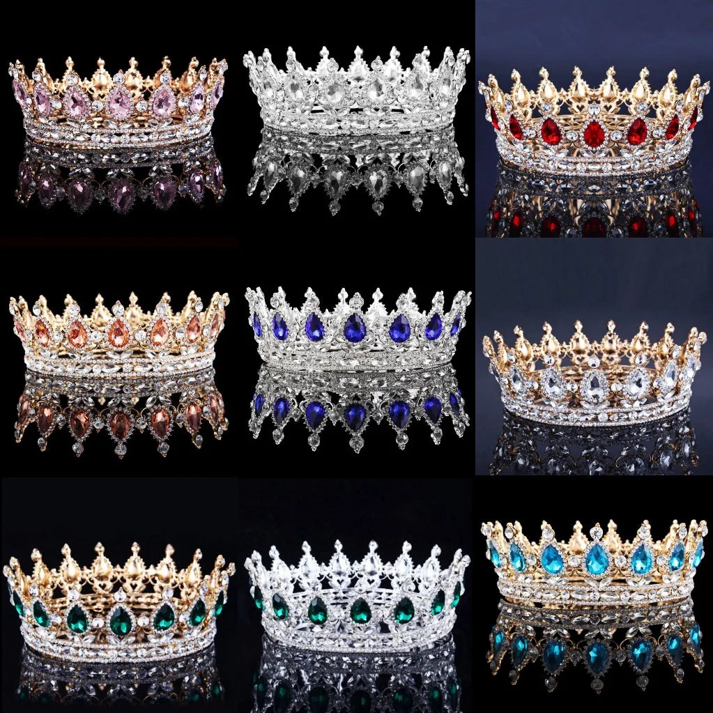 Bride Royal Pink Crystal Queen King Tiaras Baroque Round Crowns Big Rhinestone Pageant Diadem Headband Wedding Hair Accessories - EUFASHIONBAGS