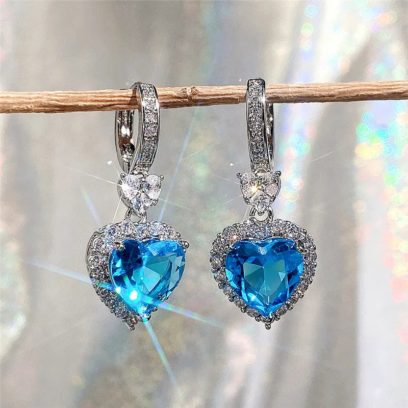 Blue/Garnet Heart Cubic Zirconia Wedding Earrings for Women Eternity Love Earrings Engagement Accessories Fashion Jewelry - EUFASHIONBAGS