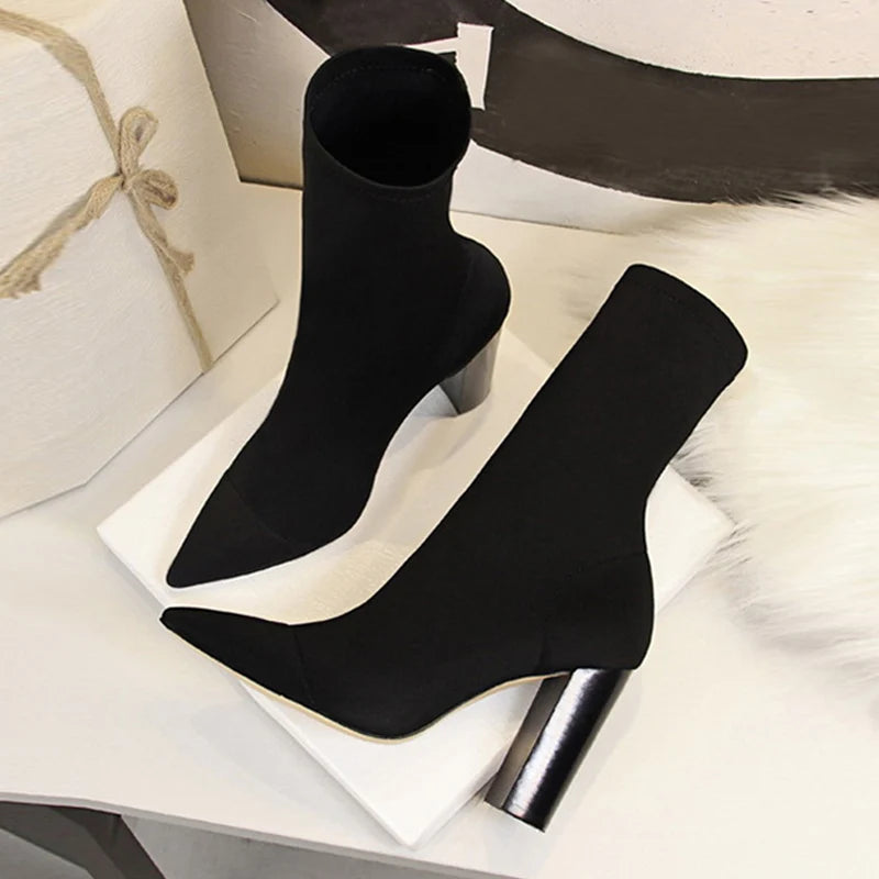 Size 42 43 Women Ankle Boots Square High Heels Pumps Fall Fashion Comfort Stretch Fabric Sock Boot Femme Party Dress Shoes - EUFASHIONBAGS