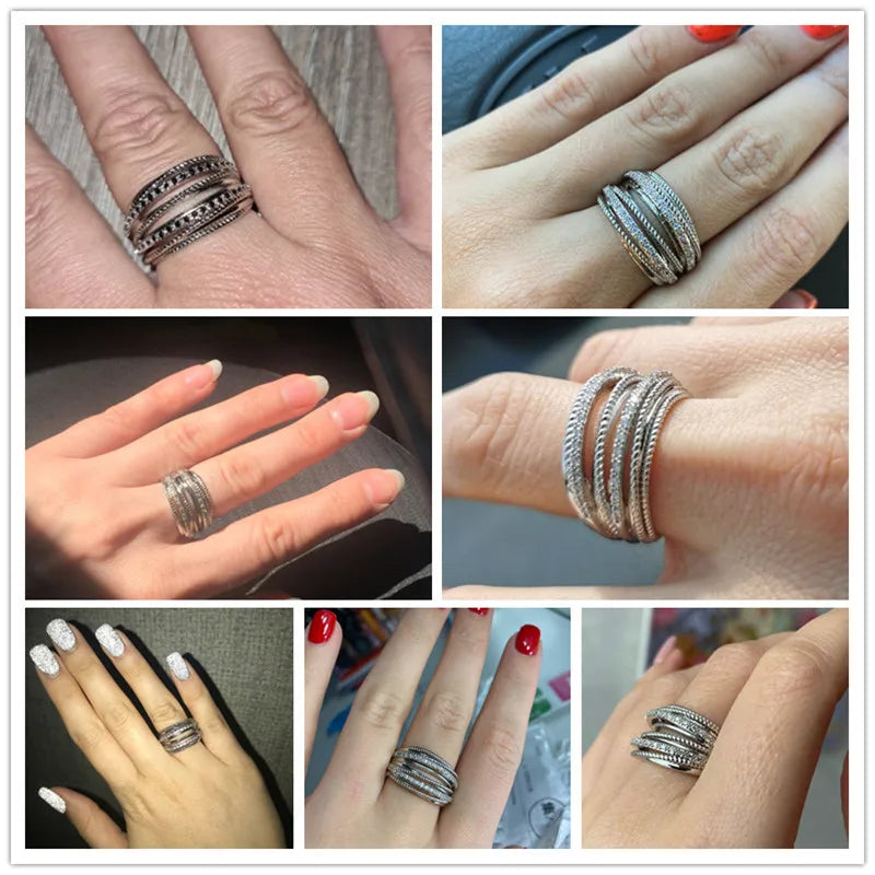 Silver Color Multiple Row Rings Shiny CZ Metallic OL Style Office Lady Versatile Finger Rings for Women Fashion Jewelry