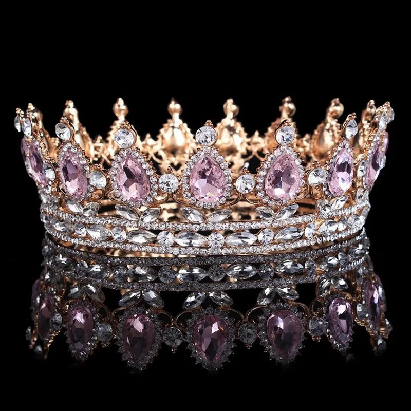 Bride Royal Pink Crystal Queen King Tiaras Baroque Round Crowns Big Rhinestone Pageant Diadem Headband Wedding Hair Accessories - EUFASHIONBAGS