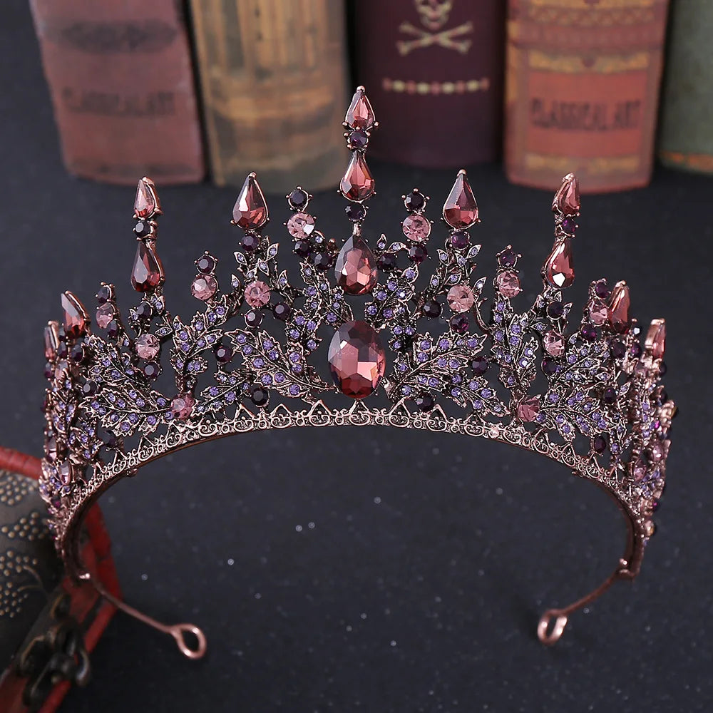 Baroque Retro Bronze Violet Crystal Bridal Tiaras Crown Rhinestone Pageant Diadem Veil Tiara Headbands Wedding Hair Accessories - EUFASHIONBAGS