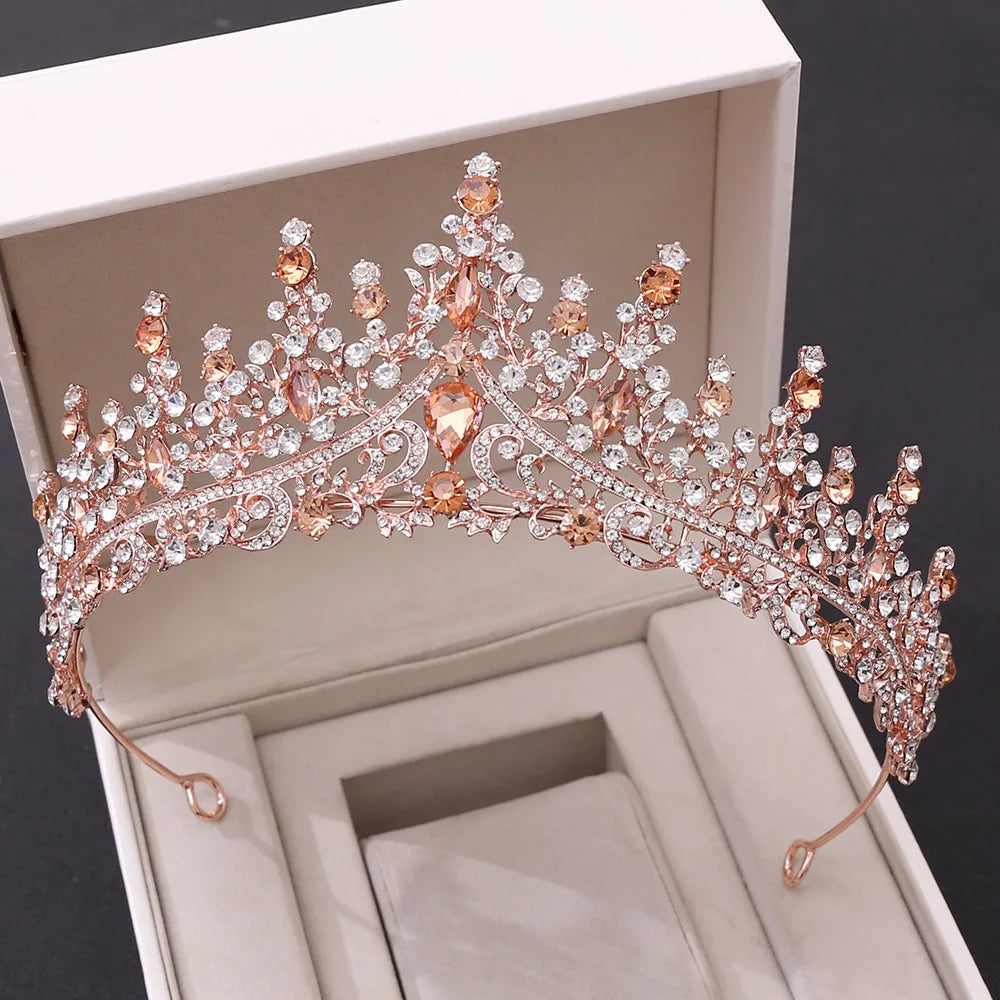 Baroque Retro Rose Gold Color Crystal Bridal Tiaras Crown Rhinestone Pageant Prom Diadem Bride Headband Wedding Hair Accessories - EUFASHIONBAGS