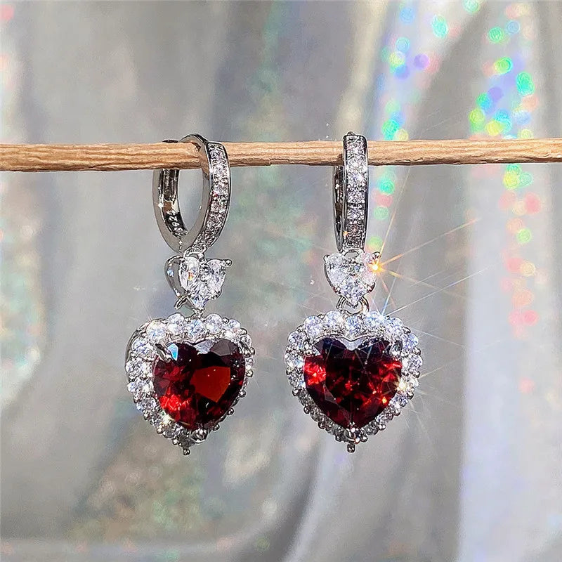 Blue/Garnet Heart Cubic Zirconia Wedding Earrings for Women Eternity Love Earrings Engagement Accessories Fashion Jewelry - EUFASHIONBAGS