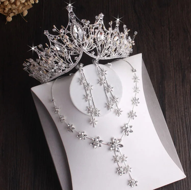 Baroque Silver Color Crystal Leaf Bridal Jewelry Sets Rhinestone Crown Tiaras Choker Necklace Earring African Beads Jewelry Set - EUFASHIONBAGS