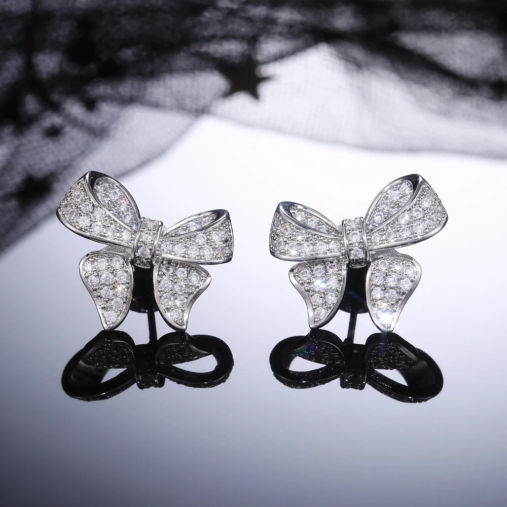 Romantic Bowknot Women Stud Earrings Full Paved Shiny Crystal Zircon Delicate Girl Accessories Fashion Earrings Jewelry - EUFASHIONBAGS