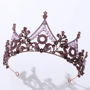 Baroque Bronze Geometric Purple Black Crystal Pearl Bridal Tiara Crown Rhinestone Diadem Wedding Hair Accessories Tiara De Noiva