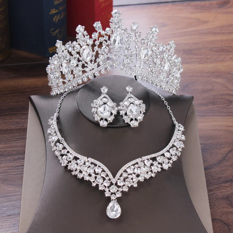 Baroque Crystal Water Drop Bridal Jewelry Sets Rhinestone Tiaras Crown Necklace Earrings for Bride Wedding Dubai Jewelry Set - EUFASHIONBAGS