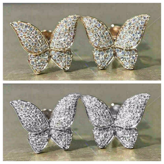 Fluttering Butterfly Earrings with Full Shiny CZ Statement Stud Earrings for Women Silver Color/Gold Color Trendy Jewelry