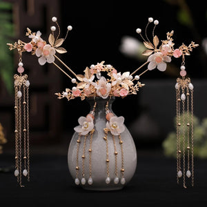 Chinese Long Hair Stick tiara Headpiece Women Hair Accessories Flower Crystal Pearl Hair Pins Handmade Hanfu Hair Jewelry Set