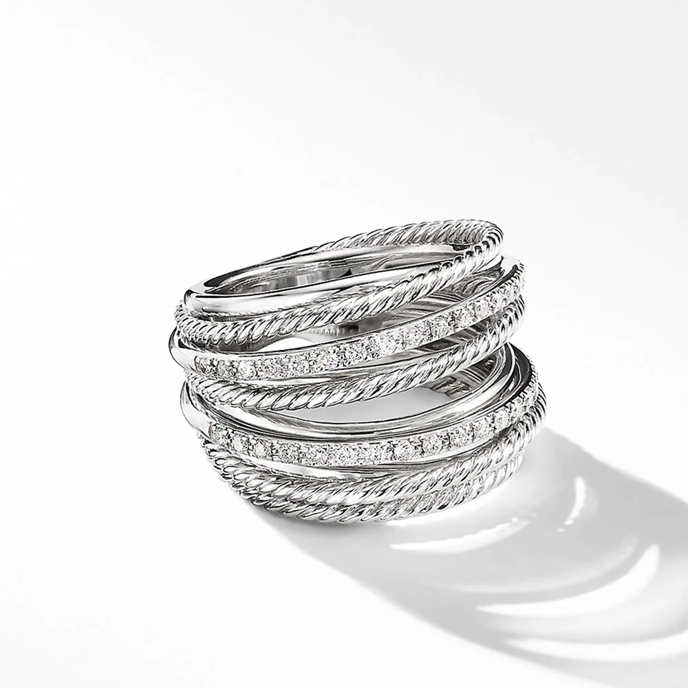 Silver Color Multiple Row Rings Shiny CZ Metallic OL Style Office Lady Versatile Finger Rings for Women Fashion Jewelry