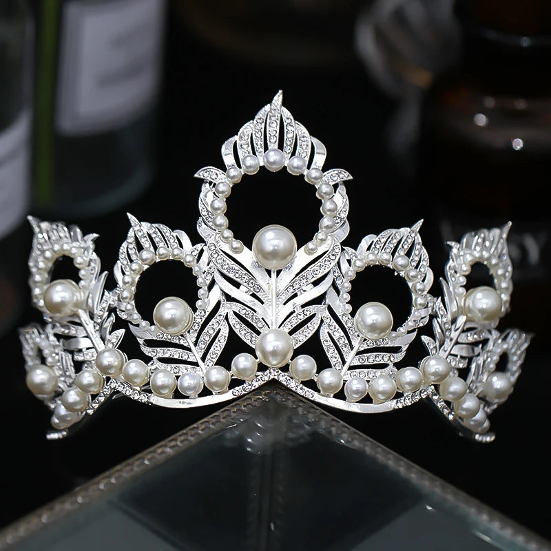 Luxury Miss Universe Round Crown Crystal Pearls Wedding Crowns Peacock Feather Tiaras Rhinestone Pageant Diadem Hair Accessories - EUFASHIONBAGS