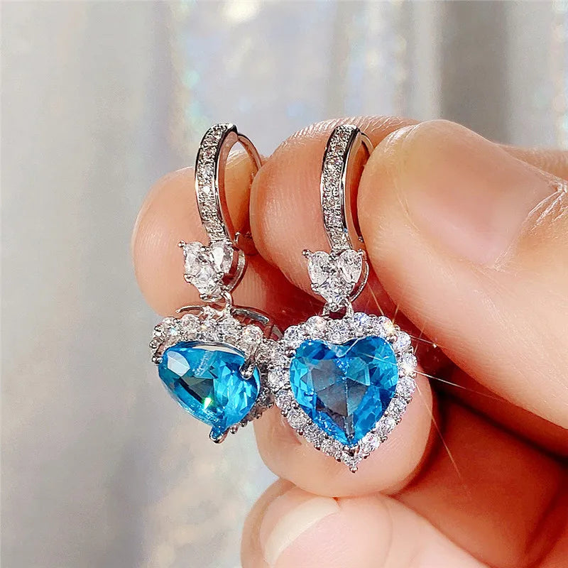 Blue/Garnet Heart Cubic Zirconia Wedding Earrings for Women Eternity Love Earrings Engagement Accessories Fashion Jewelry