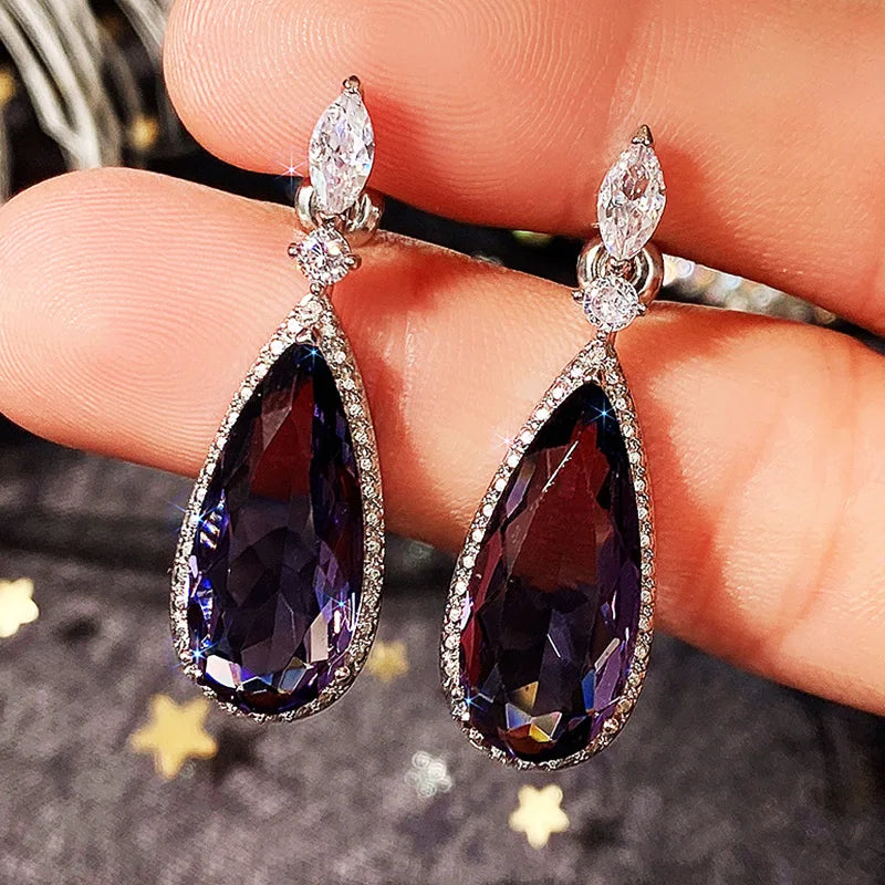 Charming Water Drop Purple CZ Drop Earrings for Women Luxury Bridal Wedding Jewelry Lady's Earrings