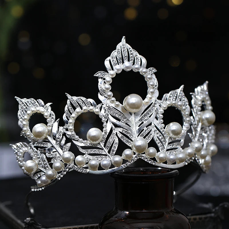 Luxury Miss Universe Round Crown Crystal Pearls Wedding Crowns Peacock Feather Tiaras Rhinestone Pageant Diadem Hair Accessories - EUFASHIONBAGS