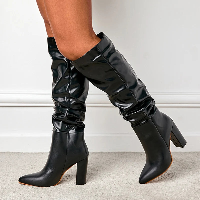 New Black White Knee High Boots Women Fashion Pleated Designer Heels Sxey Pointed Toe Party Dress Dance Shoes Botas De Mujer