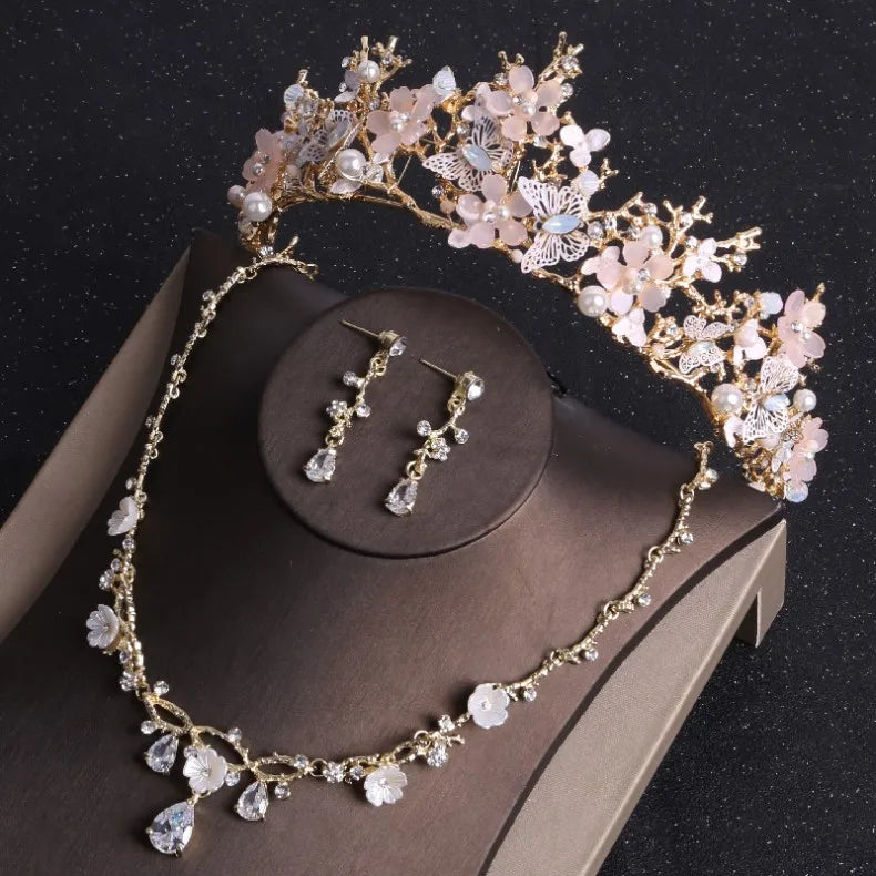 Baroque Gold Color Butterfly Crystal Costume Jewelry Sets Rhinestone Choker Necklace Earrings Tiaras Crown Wedding Jewelry Set - EUFASHIONBAGS