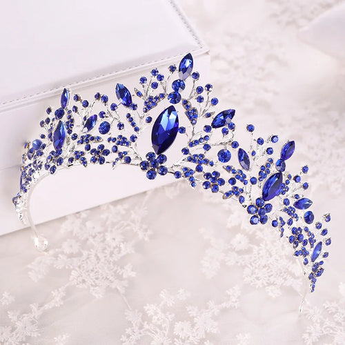 Baroque Luxury Blue Crystal Heart Bridal Tiaras Crowns Rhinestone Pageant Diadem Veil Tiara Headbands Wedding Hair Accessories