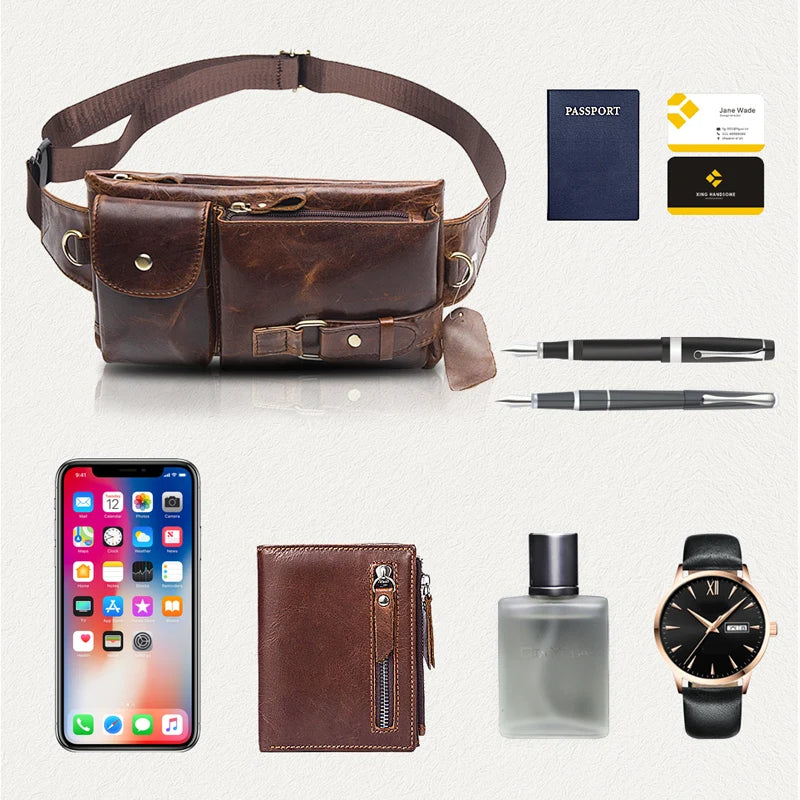 Genuine Leather Waist Packs Men Waist Bags Fanny Pack Belt Bag Phone Bags Travel Waist Pack Male Small Waist Bag Leather - EUFASHIONBAGS