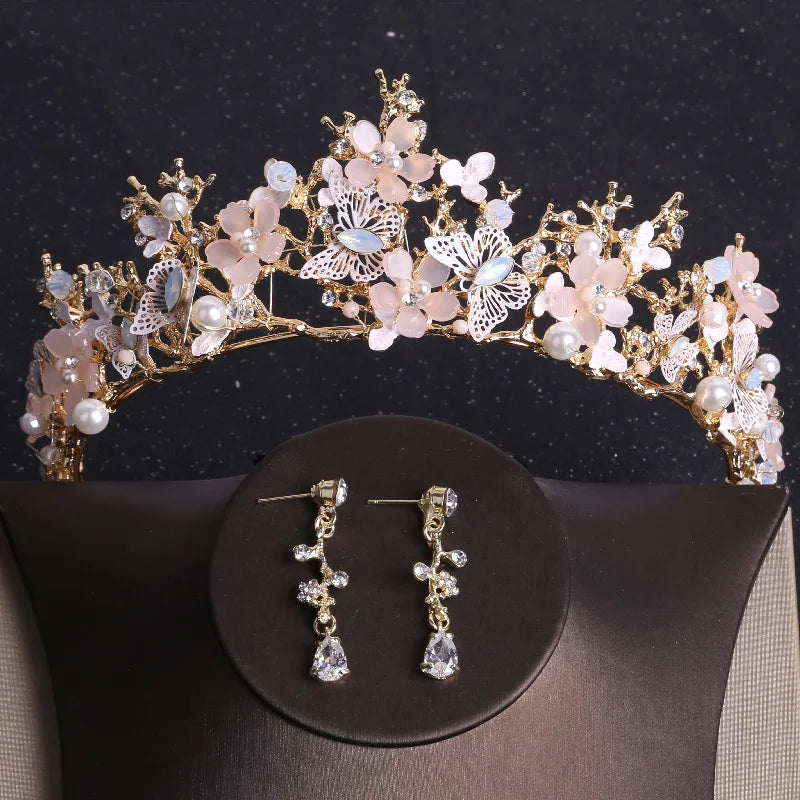 Baroque Gold Color Butterfly Crystal Costume Jewelry Sets Rhinestone Choker Necklace Earrings Tiaras Crown Wedding Jewelry Set - EUFASHIONBAGS