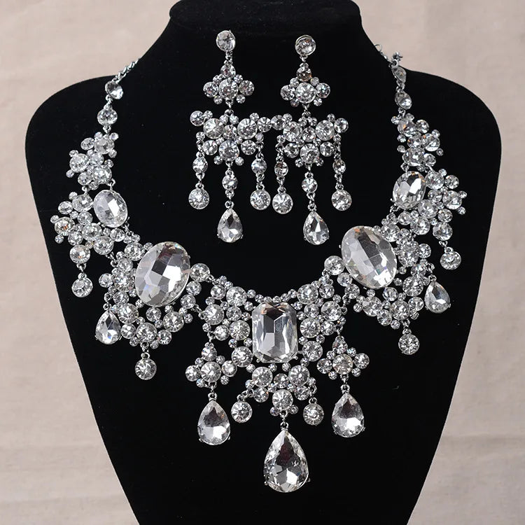 African Beads Jewelry Sets Big Rhinestone Water Drop Statement Necklace Earrings Set Classic Indian Crystal Bridal Jewelry Set - EUFASHIONBAGS