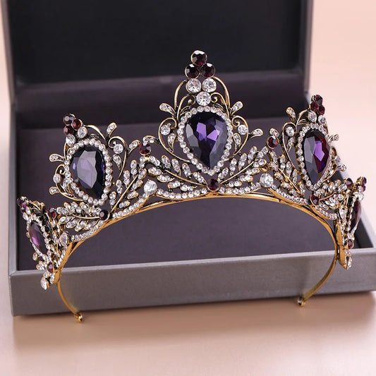 Baroque Vintage Gold Color Purple Crystal Bridal Tiaras Crowns Rhinestone Pageant Diadem Crown Hairband Wedding Hair Accessories - EUFASHIONBAGS