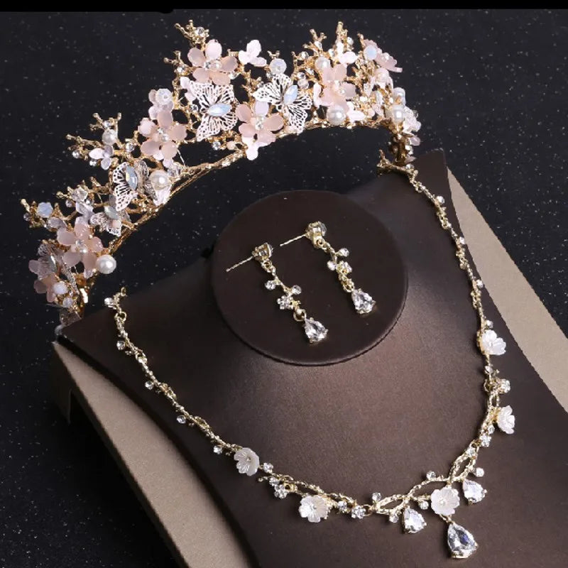 Baroque Gold Color Butterfly Crystal Costume Jewelry Sets Rhinestone Choker Necklace Earrings Tiaras Crown Wedding Jewelry Set - EUFASHIONBAGS