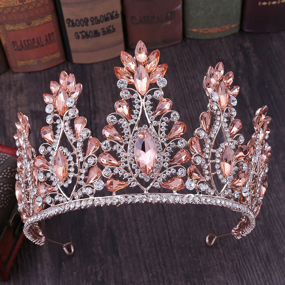 Baroque Rose Gold Color Crystal Bridal Tiaras Crowns Big Rhinestone Diadem Veil Tiara Bride Headbands Wedding Hair Accessories - EUFASHIONBAGS