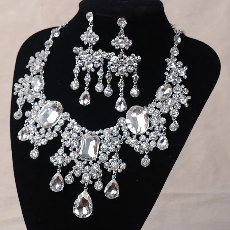 African Beads Jewelry Sets Big Rhinestone Water Drop Statement Necklace Earrings Set Classic Indian Crystal Bridal Jewelry Set - EUFASHIONBAGS