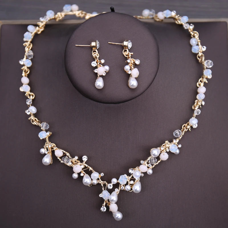 Luxury Crystal Beads Pearl Butterfly Costume Jewelry Sets Floral Rhinestone Choker Necklace Earrings Tiara Wedding Jewelry Set - EUFASHIONBAGS