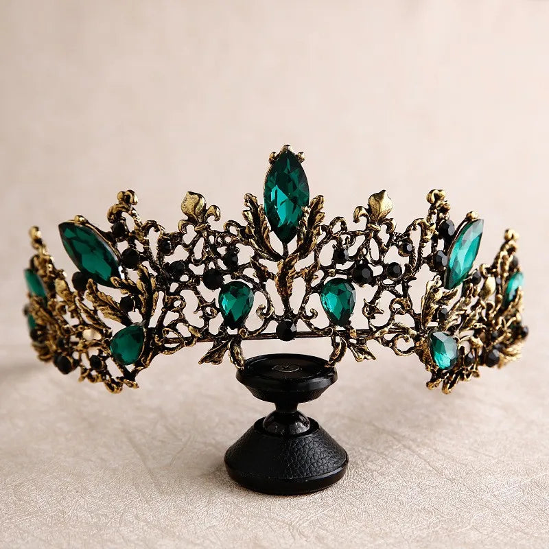 Baroque Retro Red Green Black Crystal Bridal Tiaras Crown Pageant Diadem Rhinestone Veil Tiara Headband Wedding Hair Accessories - EUFASHIONBAGS