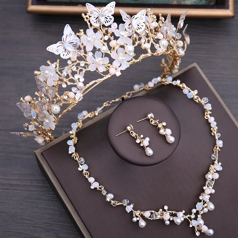 Luxury Crystal Beads Pearl Butterfly Costume Jewelry Sets Floral Rhinestone Choker Necklace Earrings Tiara Wedding Jewelry Set - EUFASHIONBAGS