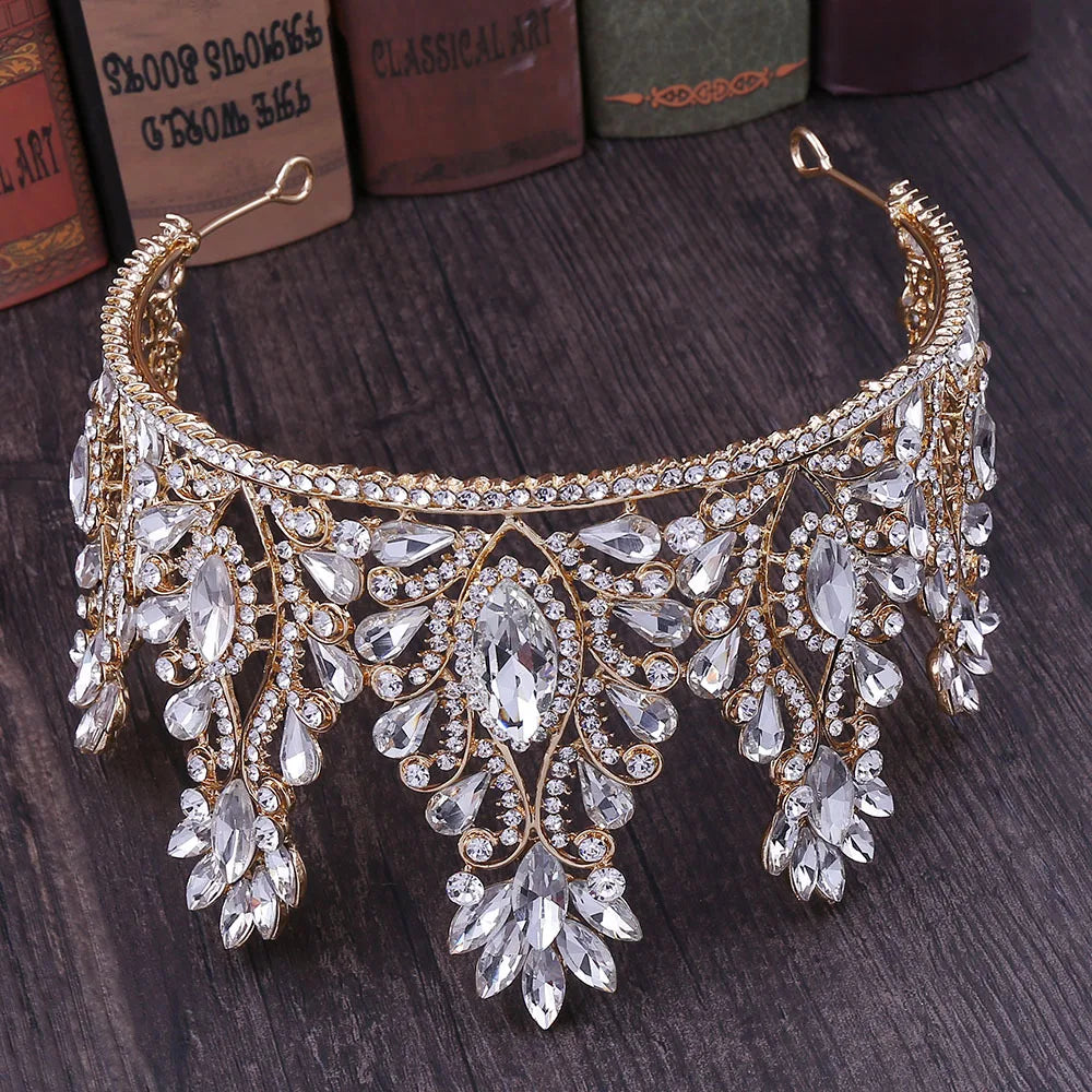 Baroque Rose Gold Color Crystal Bridal Tiaras Crowns Big Rhinestone Diadem Veil Tiara Bride Headbands Wedding Hair Accessories - EUFASHIONBAGS