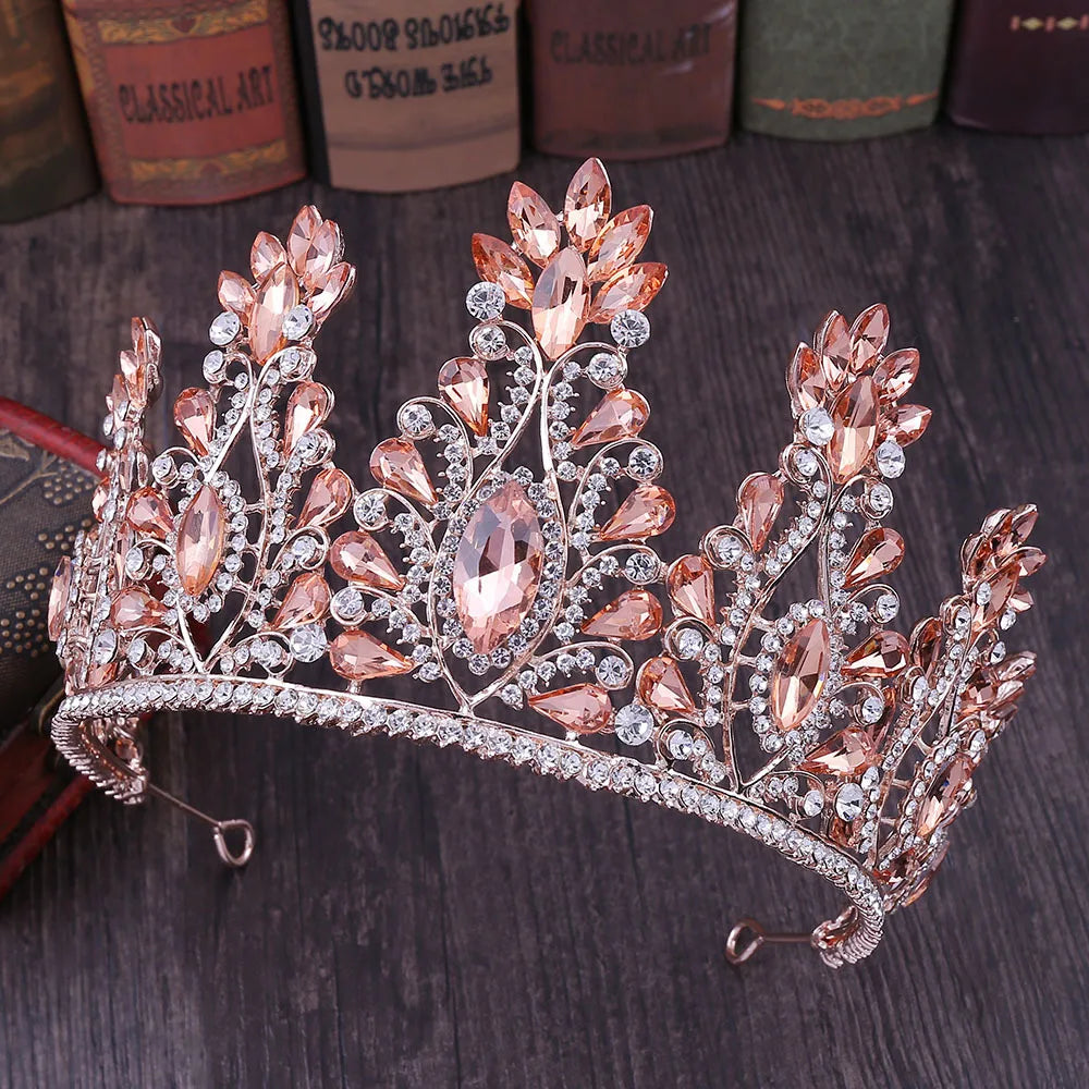 Baroque Rose Gold Color Crystal Bridal Tiaras Crowns Big Rhinestone Diadem Veil Tiara Bride Headbands Wedding Hair Accessories - EUFASHIONBAGS