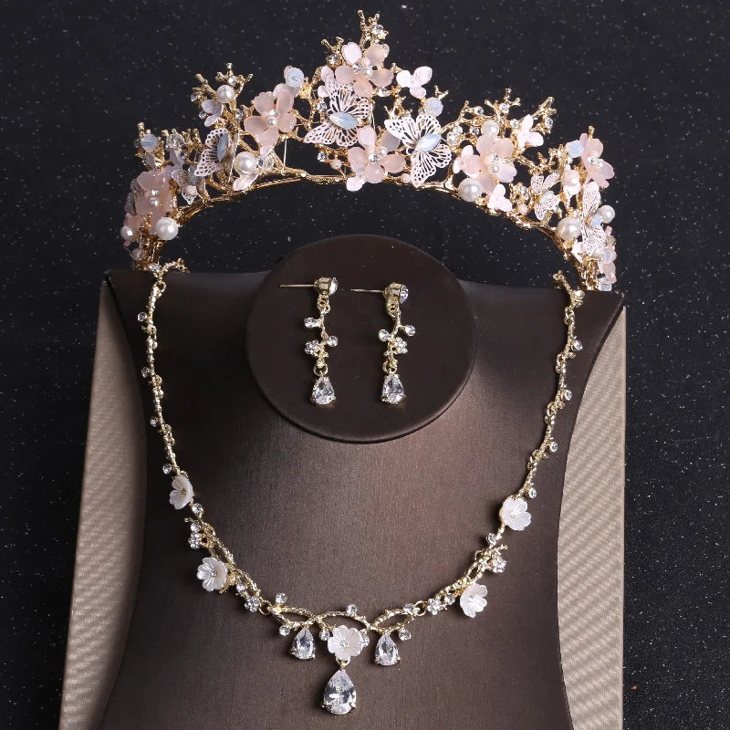 Baroque Gold Color Butterfly Crystal Costume Jewelry Sets Rhinestone Choker Necklace Earrings Tiaras Crown Wedding Jewelry Set - EUFASHIONBAGS