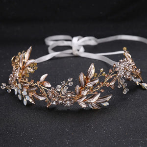 Champagne Alloy Crystal Beads Flower Bride Headbands Hair Comb Princess Bridal Ribbon Hairband Wedding Hair Accessories Crown