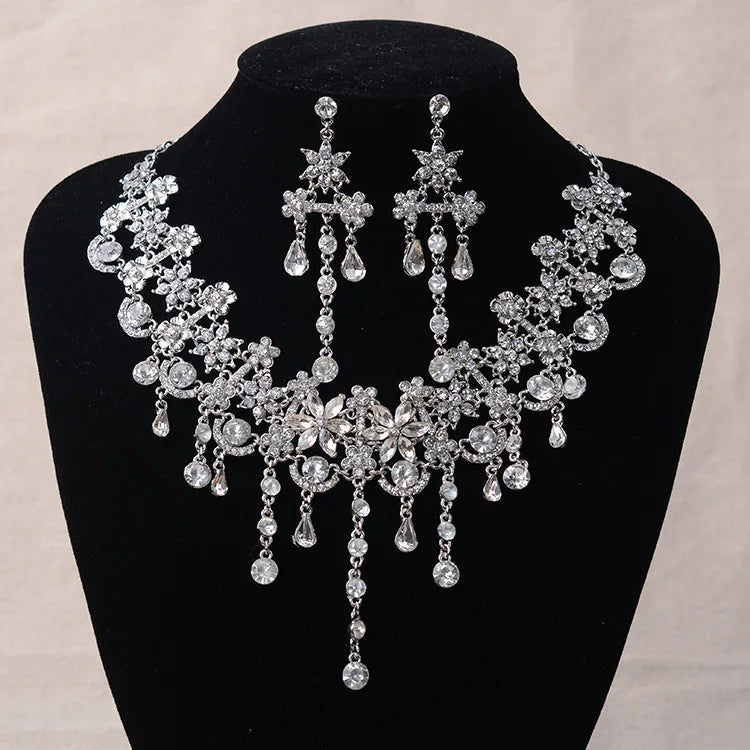 Luxury Silver Color Crystal Flowers Bridal Jewelry Set For Women Statement Necklace Earring Rhinestone Tiara Wedding Accessories - EUFASHIONBAGS