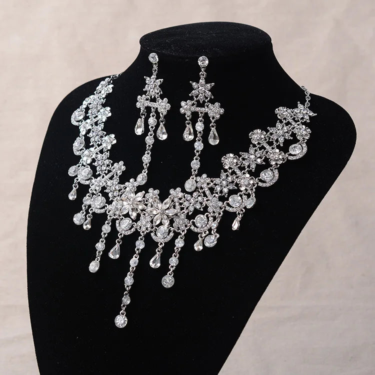 Luxury Silver Color Crystal Flowers Bridal Jewelry Set For Women Statement Necklace Earring Rhinestone Tiara Wedding Accessories - EUFASHIONBAGS