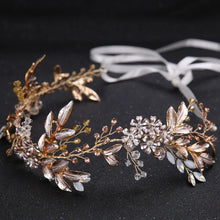 Cargar imagen en el visor de la galería, Champagne Alloy Crystal Beads Flower Bride Headbands Hair Comb Princess Bridal Ribbon Hairband Wedding Hair Accessories Crown