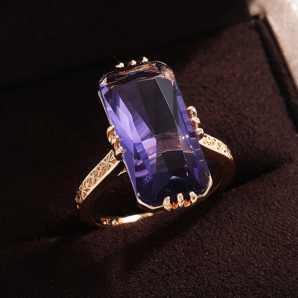 Long Shape Acrylic Purple Stone Rings for Women Fashion Bridal Wedding Party Ring Elegant Lady Accessories Trendy Jewelry