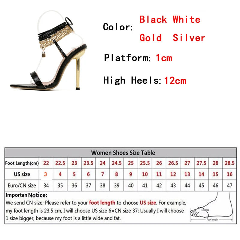 Women's Sandals High Heels 12CM New Chain Ankle Strap Gold White Pointed Toe Female Party Shoes Sandalias de mujer Size 35-42 - EUFASHIONBAGS