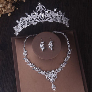 Silver Color Crystal Bridal Jewelry Sets Tiaras Crown Earrings Choker Necklace Set bj43 - www.eufashionbags.com