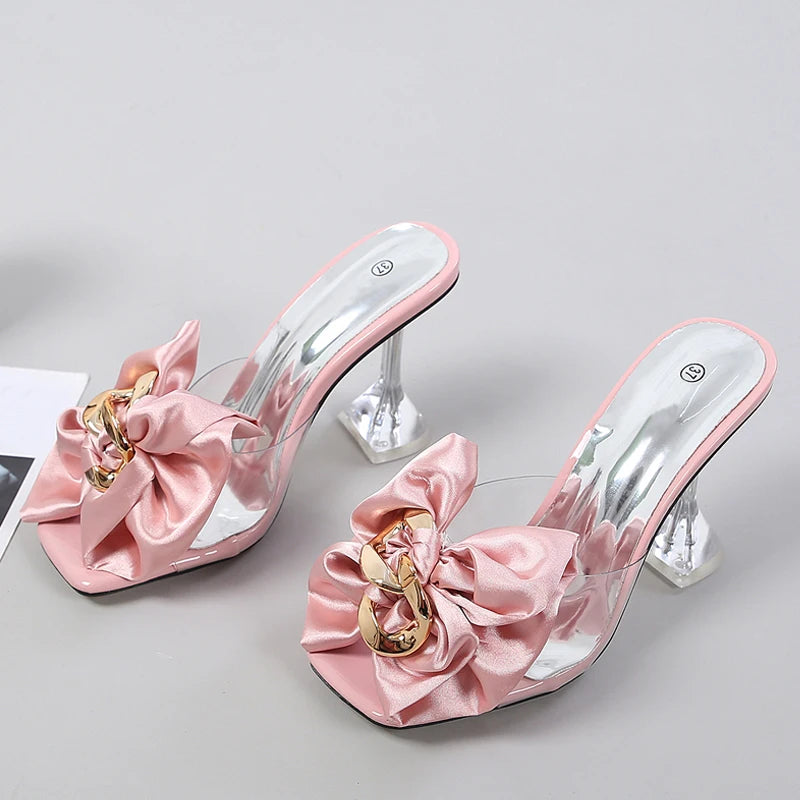 Transparent Slippers For Women 2025 Summer Fashion Pink Butterfly-knot Designer Sandals Clear Heels Size 46 Female Shoes