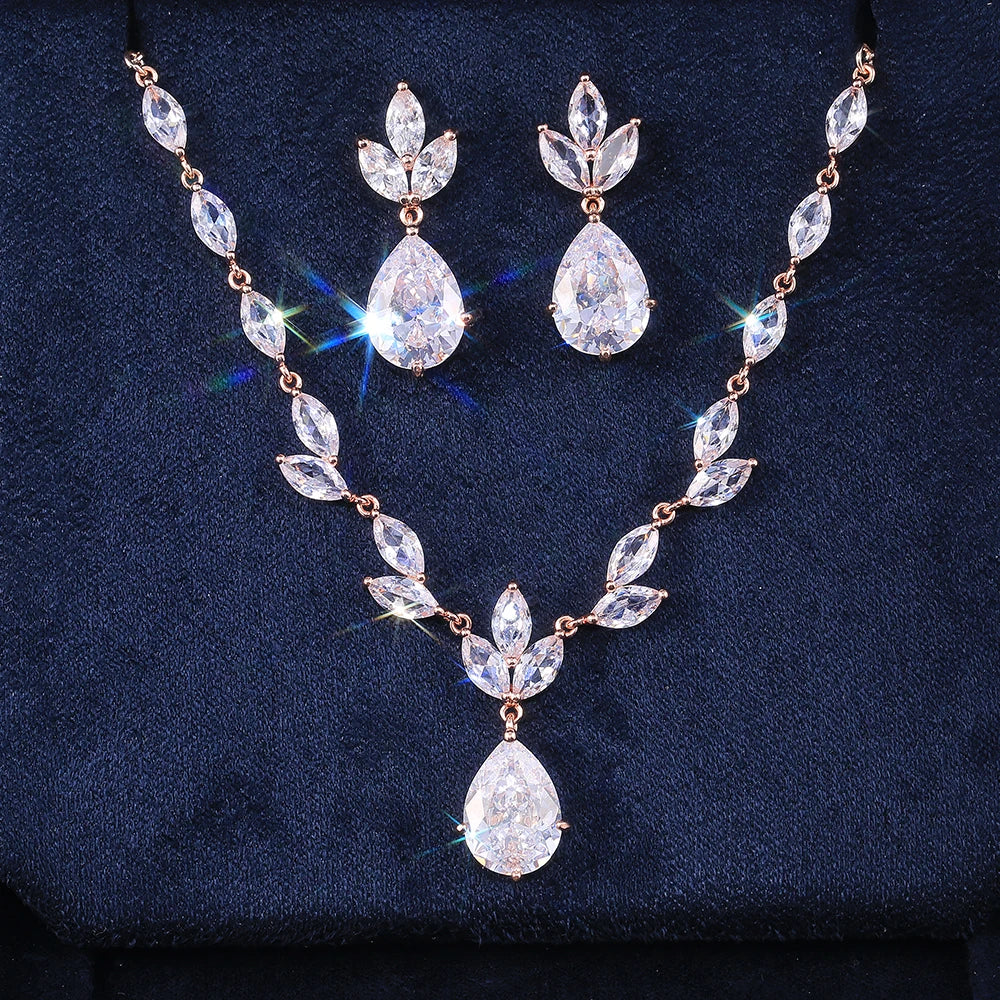 Fashion Necklace/Earring Jewelry Set Women Wedding Party High Quality Pear Shape Shiny Zircon Valentines Gift - EUFASHIONBAGS