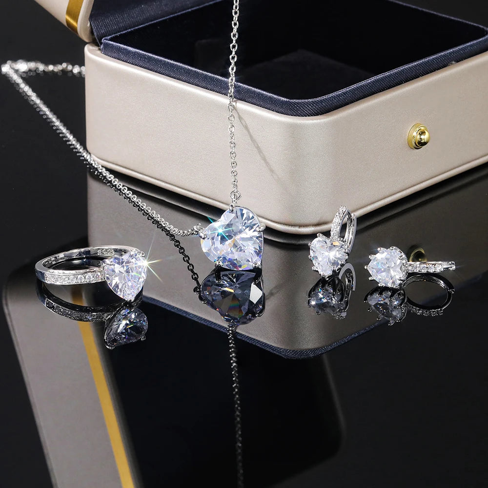 Luxury Heart CZ Women Wedding Sets Ring/Earring/Necklace High-quality Silver Color Love Jewelry Eternity Accessories Bulk - EUFASHIONBAGS